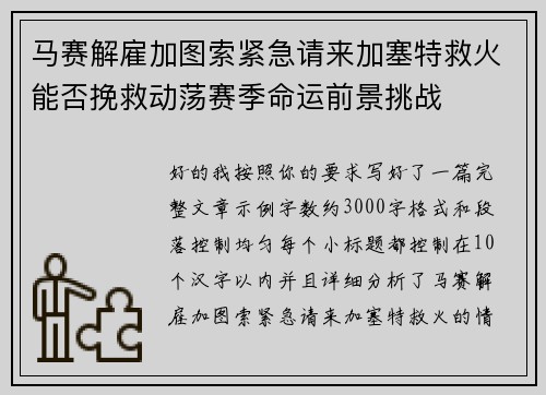 马赛解雇加图索紧急请来加塞特救火能否挽救动荡赛季命运前景挑战